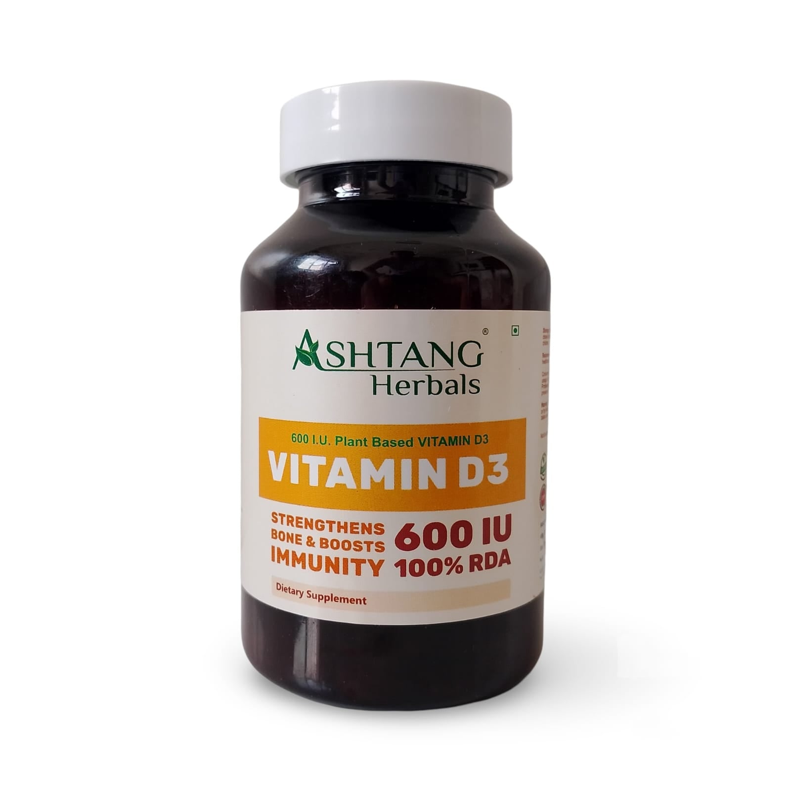 Vitamin D3 supplement bottle with Ashtang Herbals label on a white background